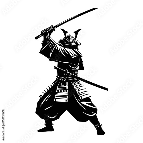 Japanese Samurai Warrior in Traditional Armor with Katana Sword Illustration