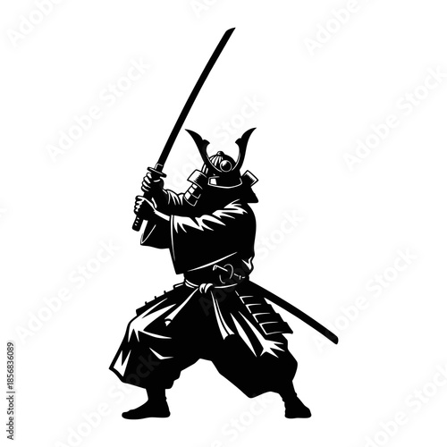 Japanese Samurai Warrior in Traditional Armor with Katana Sword Illustration