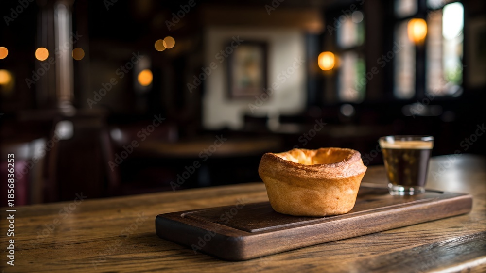Obraz premium A Golden Yorkshire Pudding Served With A Dark Coffee On A Wooden Table At A Pub