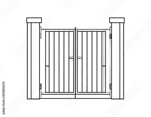 Black and white illustration depicting a symmetrical wooden gate with vertical bars and two supporting pillars
