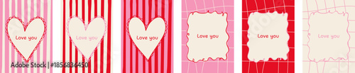 Valentines day greeting card set with heart shapes and decorative frames, love you text, red and pink romantic patterns, cute hand drawn style