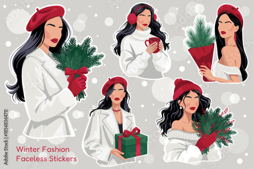 Winter fashion faceless women sticker set with cozy holiday outfits, gifts, hot drink and evergreen bouquets in red and green palette—modern vector bundle for Christmas cards, social media, planners.
