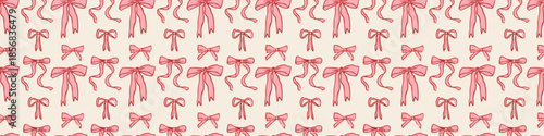 Valentine seamless bow pattern with hand-drawn pink ribbons on beige background, romantic repeating design for wrapping paper, fabric, stationery, and decor