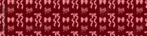 Valentine seamless bow pattern with hand-drawn pink ribbons on dark red background, romantic repeating design for wrapping paper, fabric, packaging, and stationery