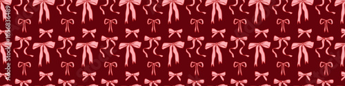 Valentine seamless bow pattern with hand-drawn pink ribbons on dark red background, romantic repeating texture for wrapping paper, fabric, stationery, and decor