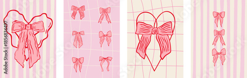 Valentine bow illustration set with hand-drawn pink ribbons and hearts on striped and grid backgrounds, cute romantic cards for love messages, posters, and social media