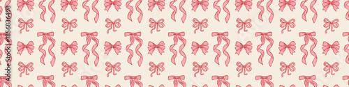 Valentine seamless bow pattern with hand-drawn pink ribbons on beige background, romantic repeating design for wrapping paper, fabric, packaging, and stationery
