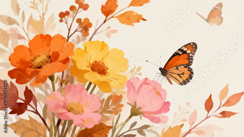 Butterfly and colorful flowers