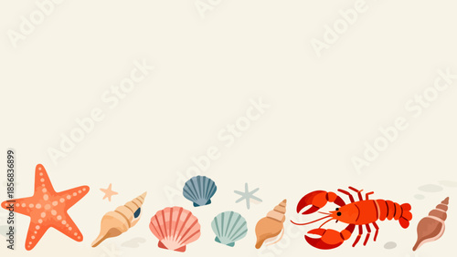 Sea creatures and shells on a beach