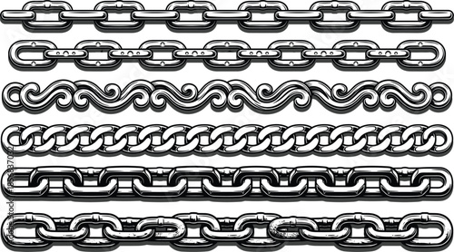 Chain link designs, metal textures, industrial patterns, mechanical styles, decorative chains, engineering elements, seamless loops, rugged aesthetics, strong structure, versatile use