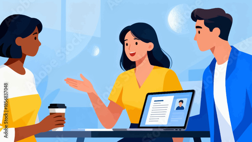 Three people in a meeting with laptop