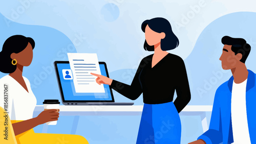 Three people in a meeting with laptop