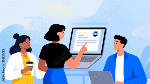 Three people discussing on laptop