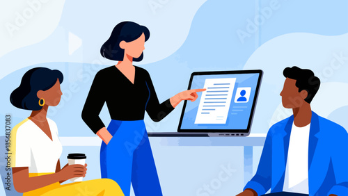 Three people discussing document on laptop