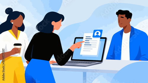 Three people discussing document on laptop