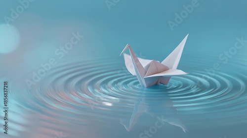 Delicate origami crane and paper boat float gracefully on calm water, creating gentle ripples that enhance serene, minimal atmosphere