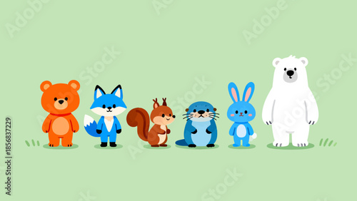 Animated animal characters in a row
