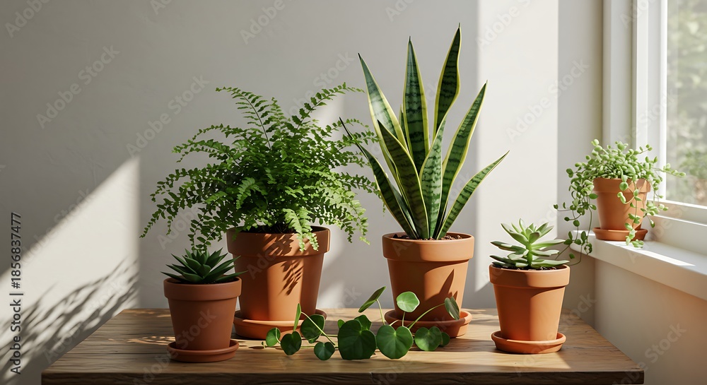 Fototapeta premium Indoor Garden Oasis - Assorted Potted Plants Bathed in Soft Sunlight by a Window.