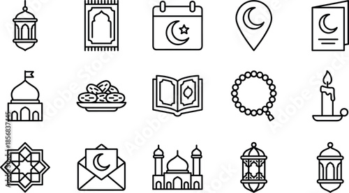 Islamic icons, Ramadan symbols, Eid celebration, mosque, lantern, Quran, prayer rug, crescent moon, tasbih, dates, Islamic culture, tradition
