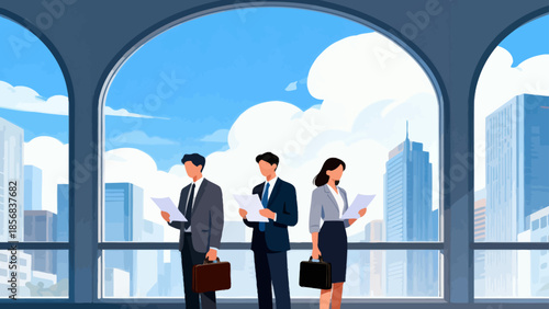 Business people in office with city view