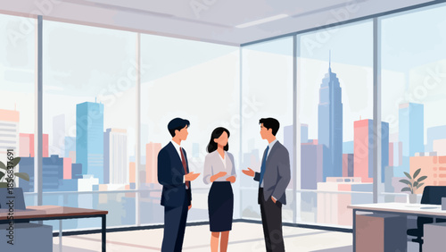 Business meeting in office with city view