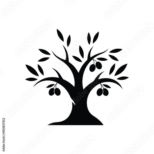 Olive Tree Silhouette Vector Illustration - Black Nature Icon
