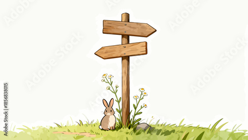 Rabbit near wooden signpost