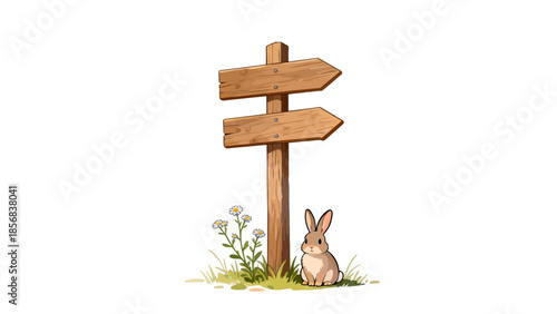 Rabbit by wooden signpost