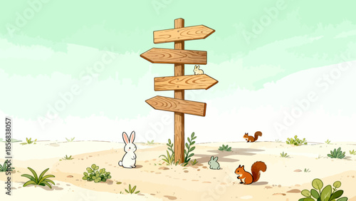 Animals near wooden signpost