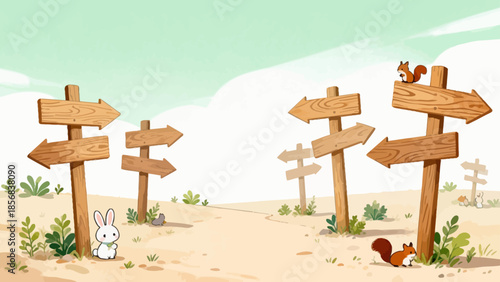 Wooden signs and animals in a desert