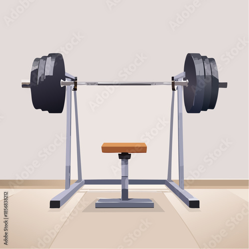 Gym Bench and Barbell Equipment Set Up for Weightlifting Workout in a Well Lit Training Facility