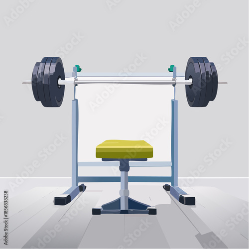 Weightlifting Bench and Barbell Set in a Gym with Gray Walls and Wooden Floor Detailed Equipment for Fitness Training Workout Session Ready for Strength Exercise