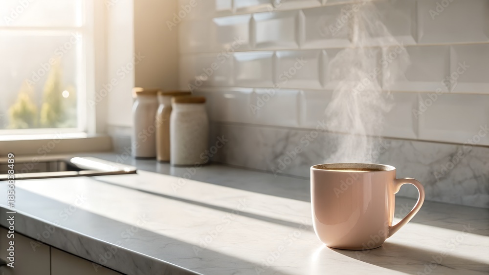 Obraz premium Cozy Kitchen Scene with Steaming Pink Mug on Countertop Bathed in Warm Sunlight