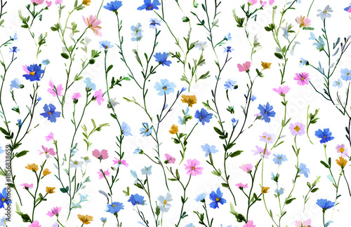 Pastel hand-drawn wildflower seamless pattern in watercolor vector style on white