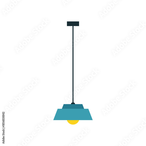 A modern teal pendant light fixture with a black cord and yellow bulb