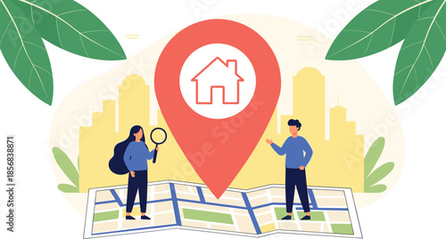 Real estate location search vector illustration featuring tiny people looking for house using large map pointer and city map for property investment and rental