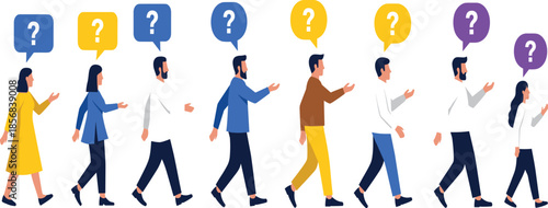 Vector illustration of people walking in a line with colorful question mark speech bubbles above their heads representing public opinion inquiry and curiosity