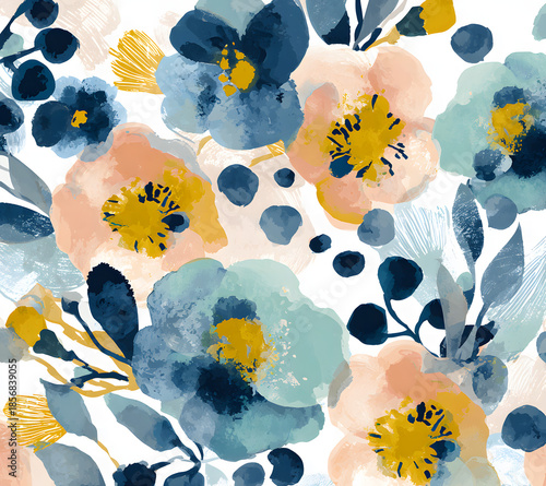 Abstract wildflower design in peach, green, and blue hues with hand-painted watercolor effect