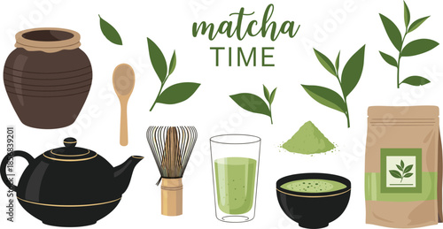 Japanese matcha green tea ceremony vector illustration set featuring organic powder tea leaves bamboo whisk teapot bowl and glass isolated on white background