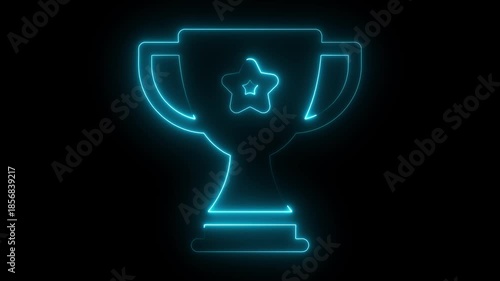 Glowing neon trophy on book animation achievement education knowledge and success on black background. emergence, event, fade, flicker, game, glow, 