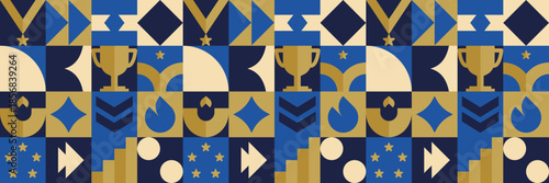 Employee appreciation geometric pattern with trophy mosaic and card.