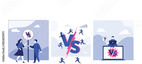 Competition and versus vector illustration set with tiny people running towards VS sign and man holding versus symbol for business rivalry and comparison concept