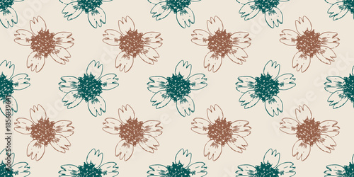 Seamless Hand-Drawn Floral Sketch Pattern on Beige Background. Minimal botanical, vintage, and organic feel, perfect for textiles, wallpapers, wrapping paper, fashion fabrics, and home decor
