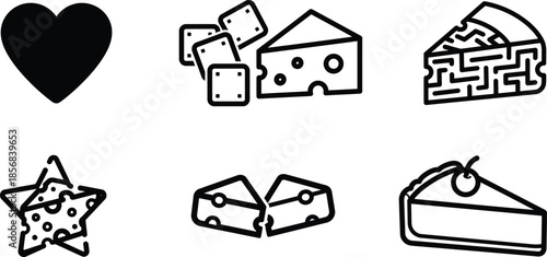 Black and white cheese and heart icons on white background