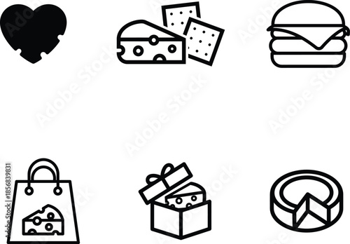 Black and white food icons with heart and gift box on white background