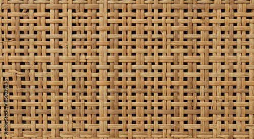 Seamless texture of natural light brown woven fibers forming a tight grid pattern with dark interstices