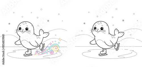 Cute Cartoon Seal Ice Skating with Magical Rainbow Trail, Whimsical Animal Line Art Coloring Page for Kids and Creative Education