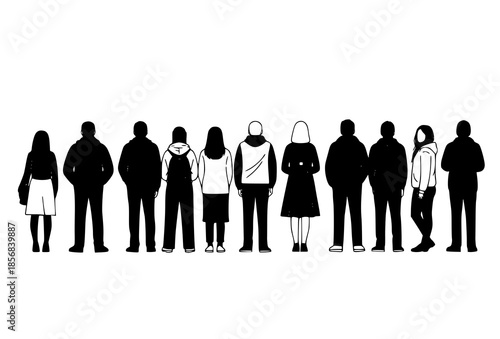 Back view walking people silhouettes vector illustration showing anonymous men and women from behind isolated on white