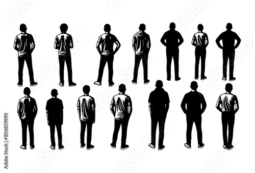 Back view people silhouettes vector collection with different standing poses isolated on white background