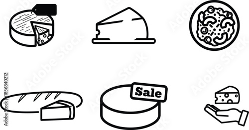 Black and white illustrations of various types of cheese and bread for food concepts